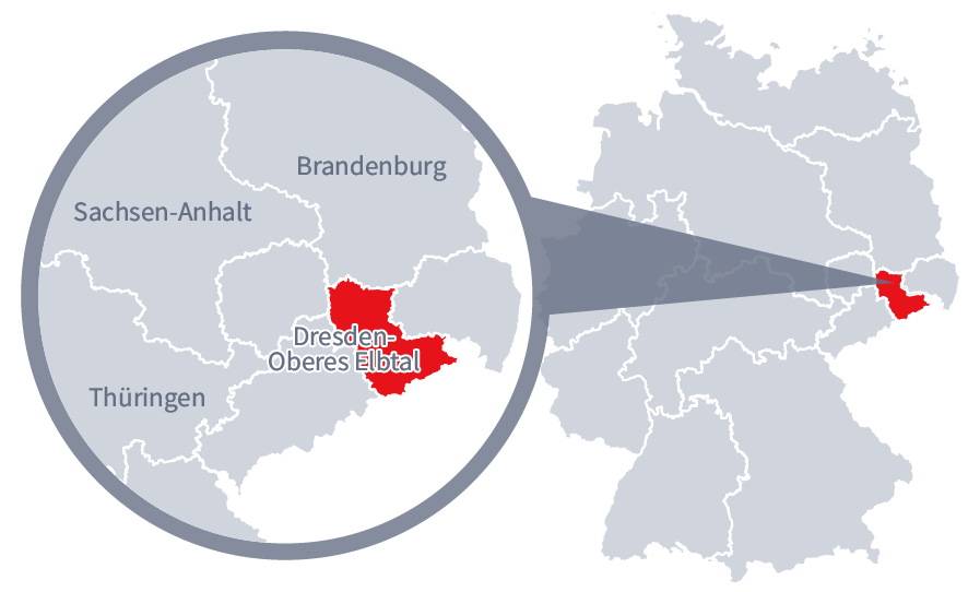 Diese Grafik zeigt eine Karte von Deutschland mit einer detaillierten Ansicht der Region Sachsen-Dresden-Oberes-Elbtal. Sachsen-Dresden-Oberes-Elbtal ist in Rot hervorgehoben und liegt im östlichen Teil Deutschlands. Ein Lupensymbol vergrößert diesen Bereich, um die Lage genauer darzustellen. 