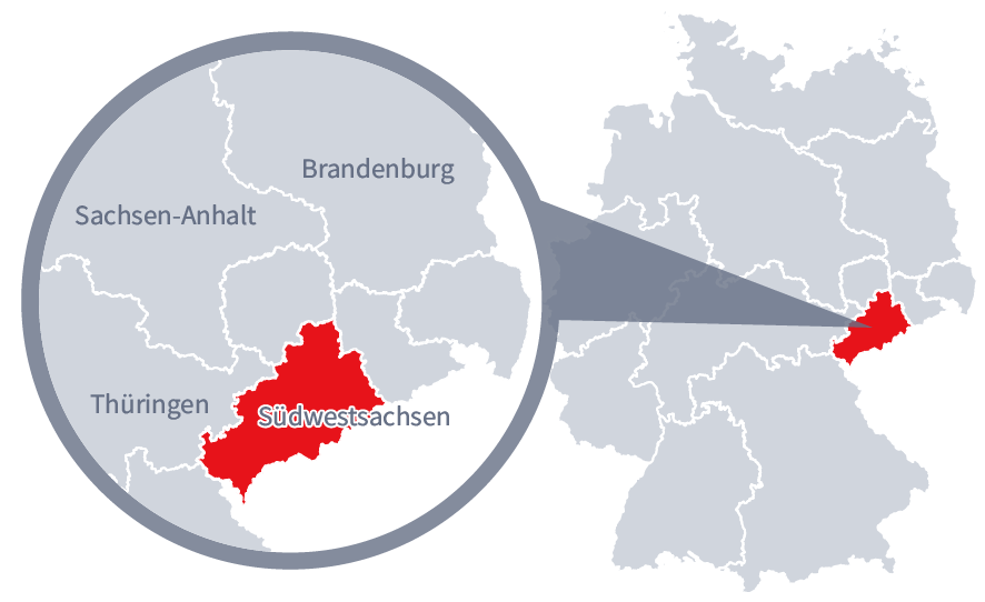 Diese Grafik zeigt eine Karte von Deutschland mit einer detaillierten Ansicht der Region Südwestsachsen. Südwestsachsen ist in Rot hervorgehoben und liegt im östlichen Teil Deutschlands. Ein Lupensymbol vergrößert diesen Bereich, um die Lage genauer darzustellen. 